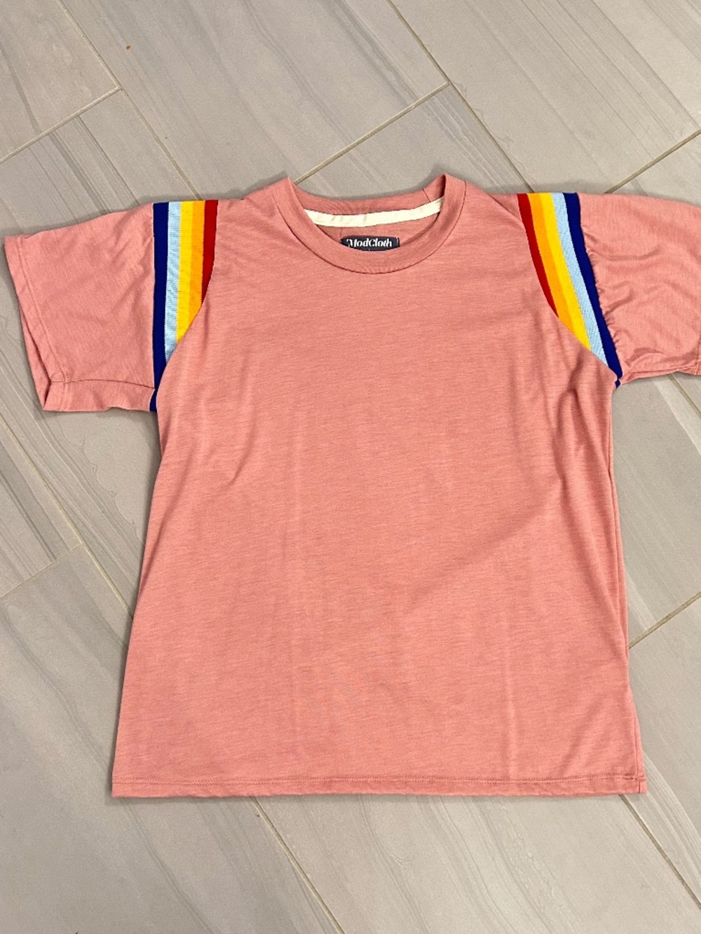 Camp Collection by Modcloth, dusty pink tee/t-shirt with rainbow ribbing